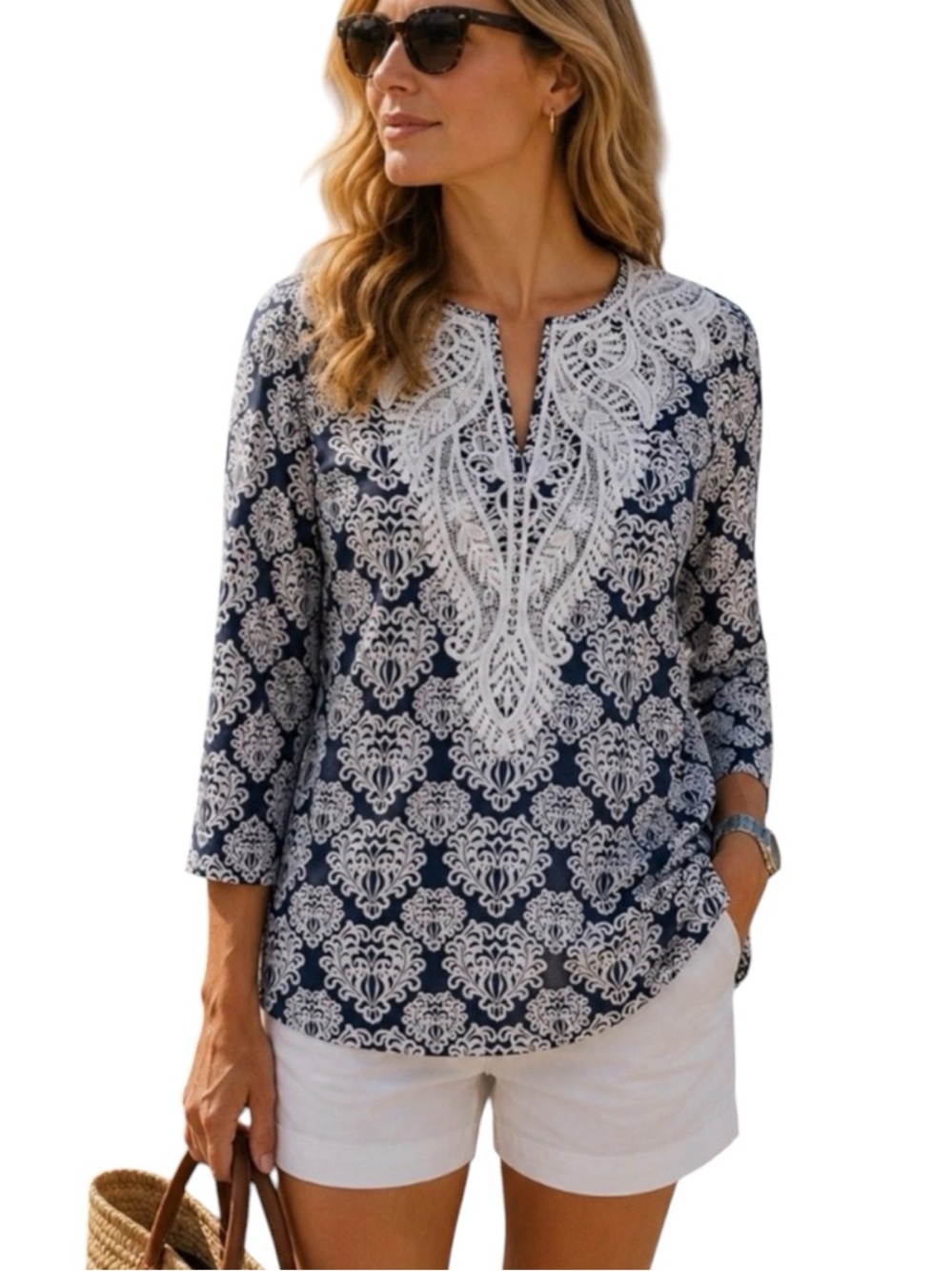 Talbot’s Women's Navy Blue Lace-Trim Tunic Top